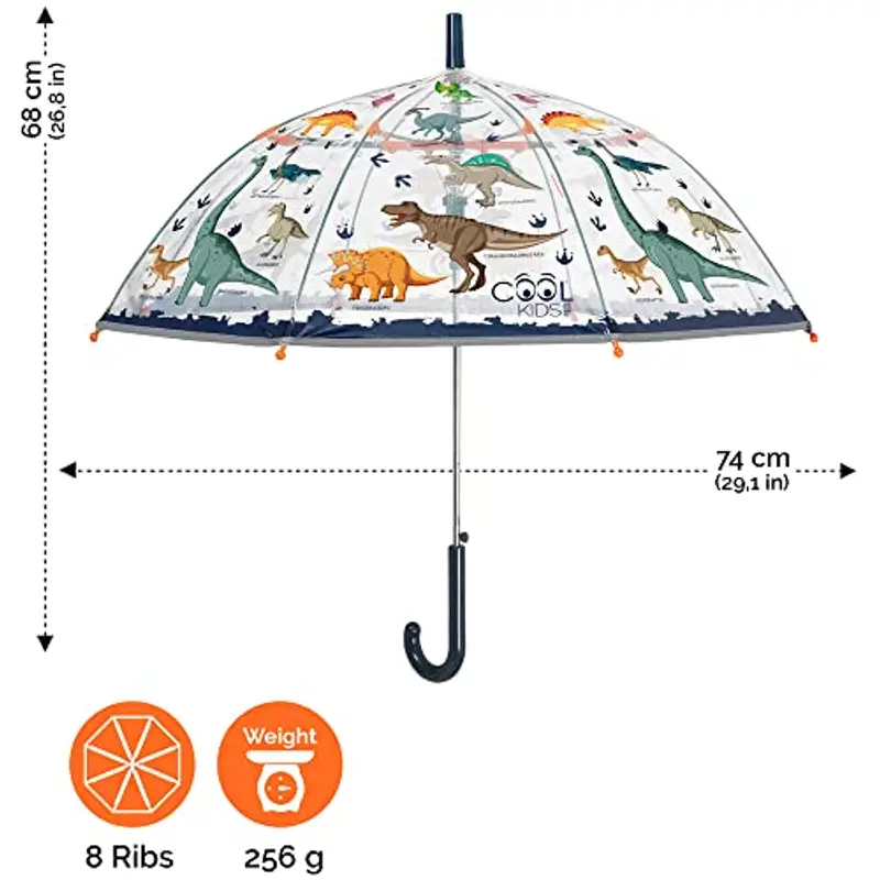 PERLETTI Ombrello Trasparente Bambino con Dinosauri - Ombrellino Automatico Antivento Bambini - Ombrello Bordo Blu miniatura 3