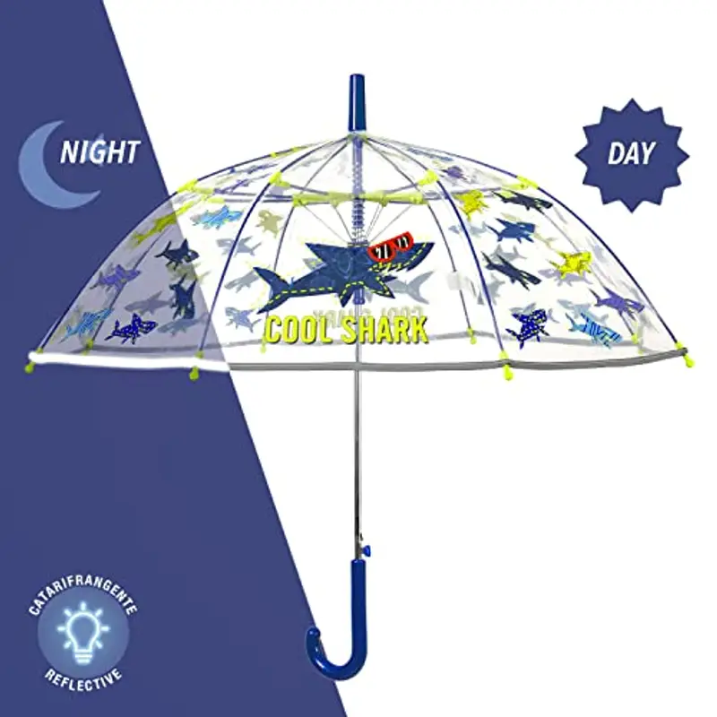 PERLETTI Ombrello Trasparente da Bambino 4 5 6 Anni con Squali - Ombrello Cupola Automatico e Antivento con Profili miniatura 3