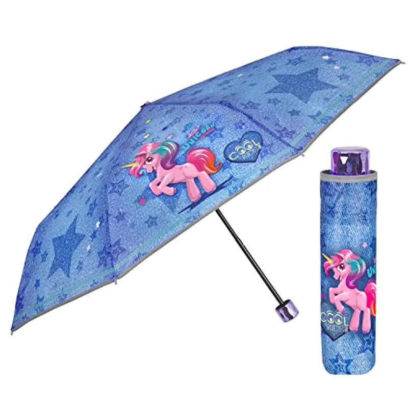 PERLETTI Ombrello Unicorno Bambina Mini - Ombrellino Pieghevole Bimba Blu con Stelle - Resistente Antivento Apertura