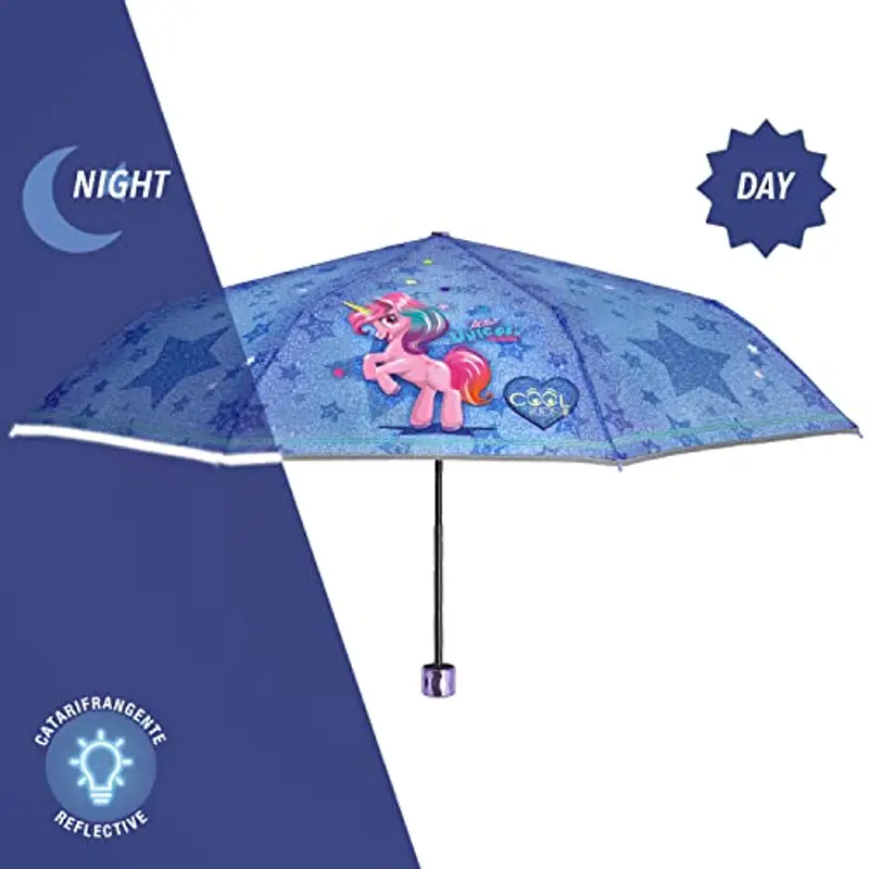 PERLETTI Ombrello Unicorno Bambina Mini - Ombrellino Pieghevole Bimba Blu con Stelle - Resistente Antivento Apertura miniatura 2