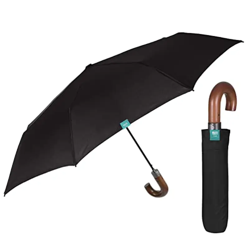 PERLETTI Ombrello Uomo Pieghevole Compatto Automatico - Ombrello Antivento Elegante Classico Nero - Ombrello Resistente Unisex Portatile Manico Effetto Legno - Diametro 96 cm (Nero con Manico Curvo)