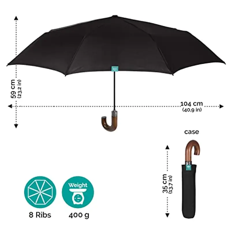 PERLETTI Ombrello Uomo Pieghevole Compatto Automatico - Ombrello Antivento Elegante Classico Nero - Ombrello Resistente Unisex Portatile Manico Effetto Legno - Diametro 96 cm (Nero con Manico Curvo) miniatura 2