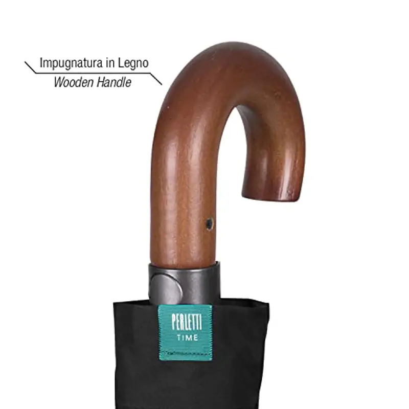 PERLETTI Ombrello Uomo Pieghevole Compatto Automatico - Ombrello Antivento Elegante Classico Nero - Ombrello Resistente Unisex Portatile Manico Effetto Legno - Diametro 96 cm (Nero con Manico Curvo) miniatura 3