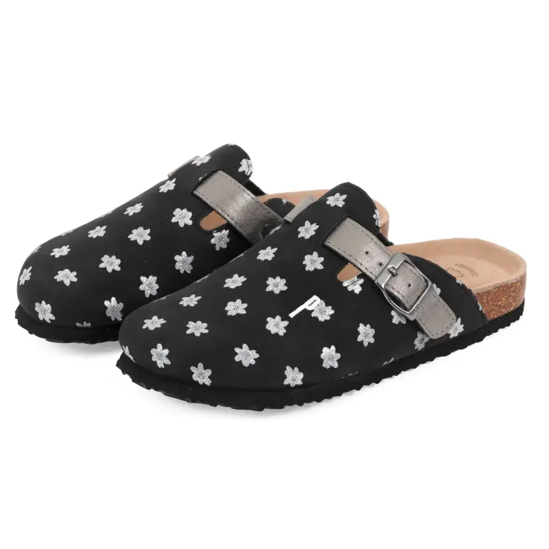 Pantofole Comfort Donna Fantasia Fiore Nero e Argento
