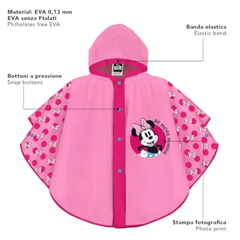 PERLETTI Poncho Antipioggia Minnie Bambina - Mantellina Pioggia Bimba 2 3 4 5 Anni con Cappuccio e Bottoni Minni Mouse - Mantella Impermeabile Bambine Scuola Materna Leggera (2-5 Anni, Fucsia) miniatura 3