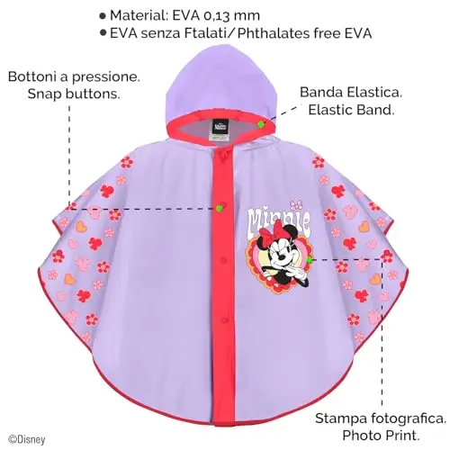 PERLETTI Poncho Antipioggia Minnie Bambina - Mantellina Pioggia Bimba 3 4 5 6 Anni con Cappuccio e Bottoni Minni Mouse miniatura 3