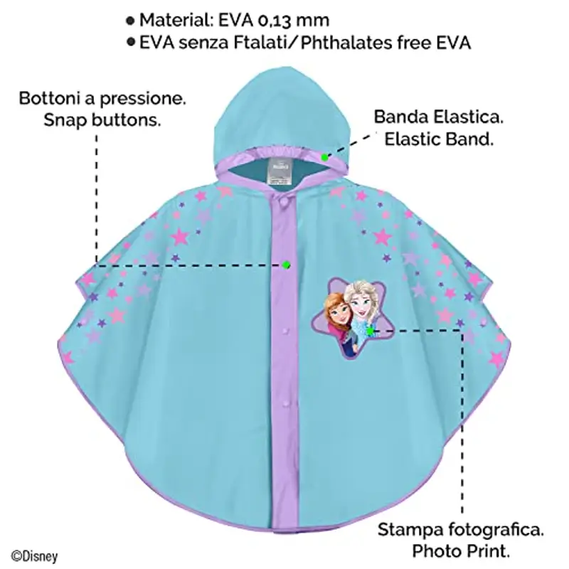PERLETTI Poncho Impermeabile Frozen Bambina 3 4 5 6 Anni - Mantellina Bimba Elsa Azzurro con Cappuccio e Bottoni miniatura 3