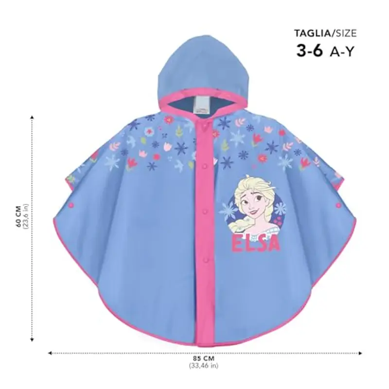 PERLETTI Poncho Impermeabile Frozen Bambina 3 4 5 6 Anni - Mantellina Bimba Principessa Elsa Azzurro con Cappuccio e miniatura 2
