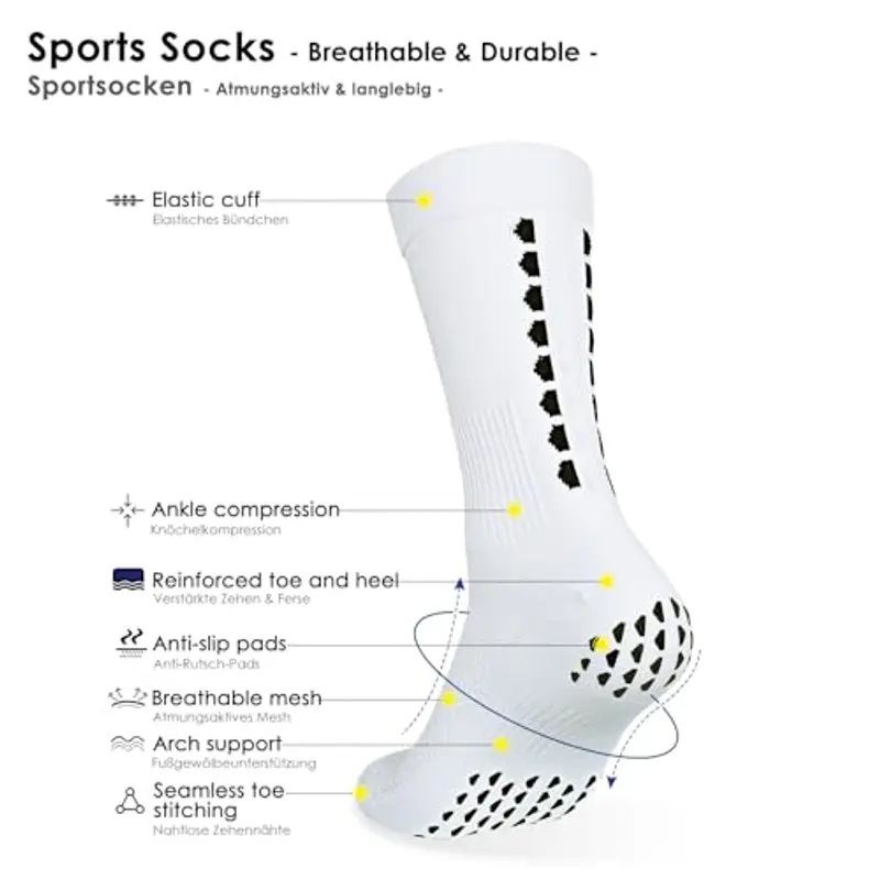 PERMANENTLY00 Calzini Grip Calcio Antiscivolo Uomo sottile traspirabile Donna Yoga Pilates Anti-vesciche Compression Ciclismo Calzino Estive Allenamento sportivi Rugby Basket Corsa 43-50 Bianchi L 3P miniatura 2