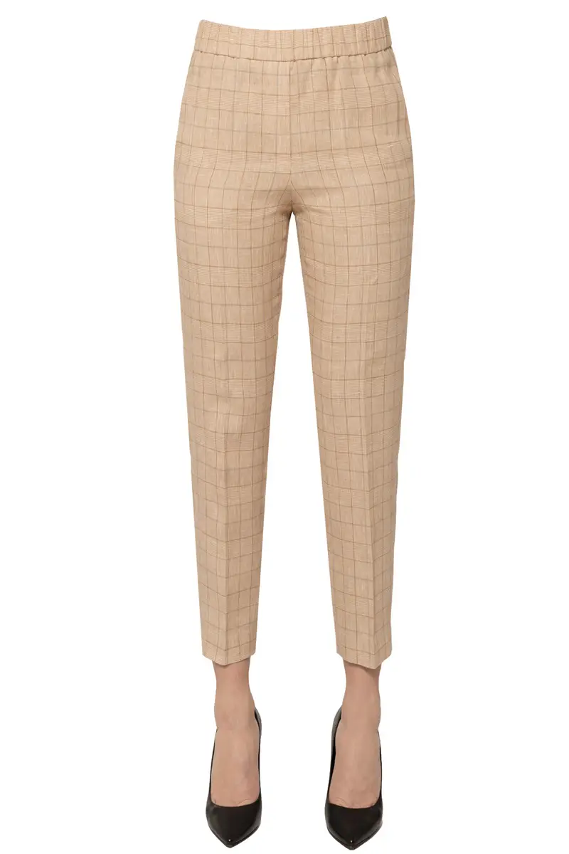 Pantaloni stampa check in lino Beige