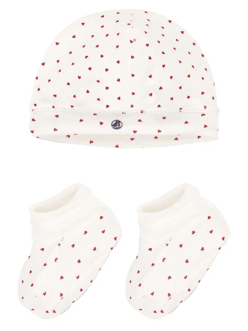Set cappello e babusce fantasia con cuori neonato bianco/rosso (2pz)