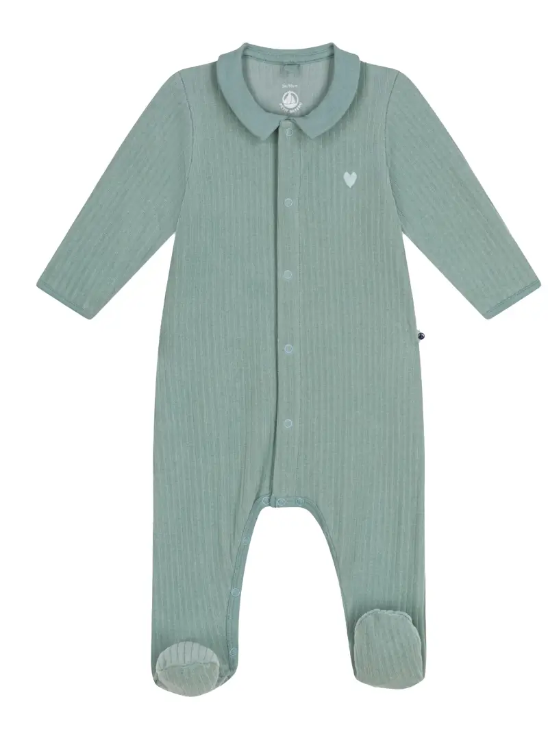 Tutina verde in ciniglia cuore ricamo neonato