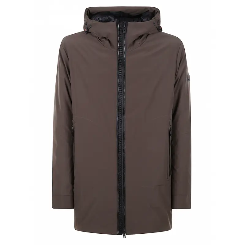 giubbotto lungo soft shell uomo marrone con cappuccio fisso
