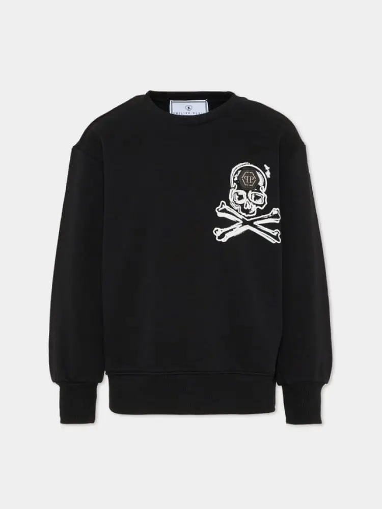 felpa kids/junior in cotone nero con logo scheletro e stampa lettering posteriore