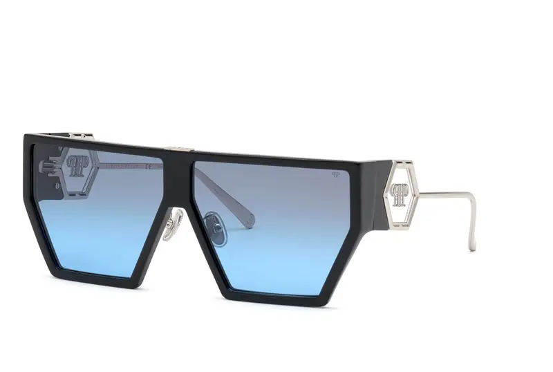 Philipp Plein Unisex SPP040M SPACE ROCK PLEIN 700Y Occhiali da sole Acetato Nero Blu Squadrata Normale Sfumato
