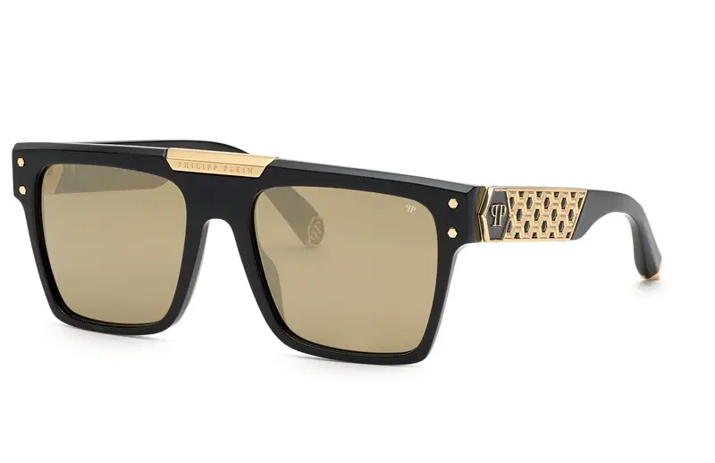 Philipp Plein Unisex SPP080 PLEIN BADGE !  700G Occhiali da sole Acetato Nero Marrone Squadrata Normale Specchiato