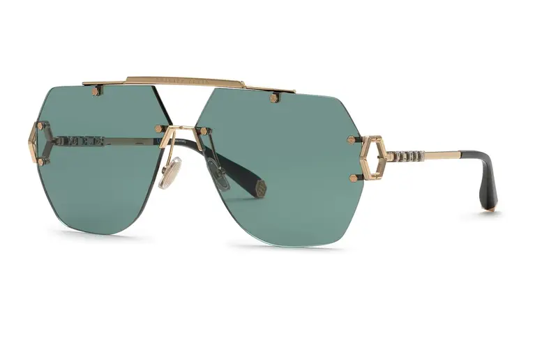Philipp Plein Unisex SPP111 PLEIN SLEEK 0340 Occhiali da sole Metallo Oro Verde Geometrica Normale