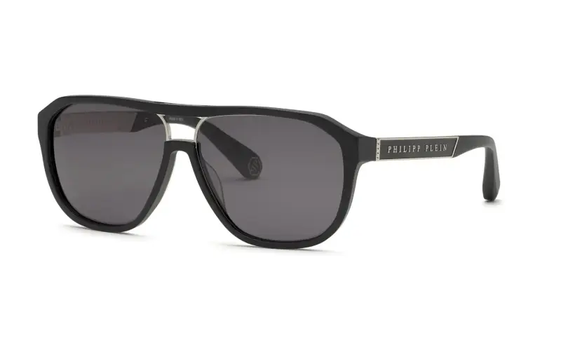 Uomo Philipp Plein SPP118M PLEIN MILITARY 703 Occhiali da sole Acetato Nero Fumo Geometrica Normale