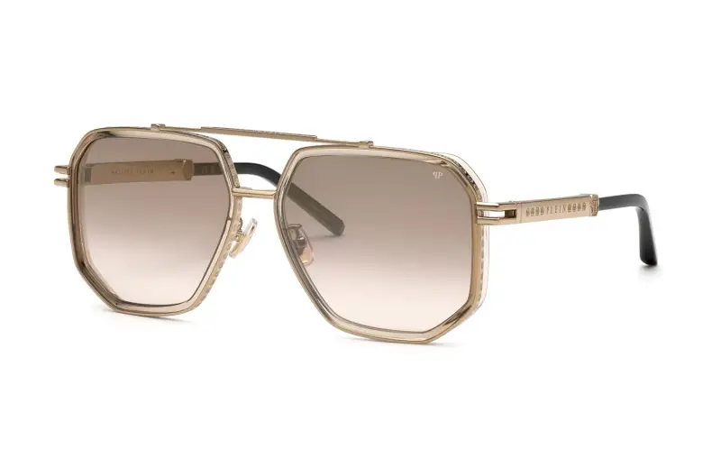 Uomo Philipp Plein SPP187M PLEIN LEGACY 8L7G Occhiali da sole Metallo Oro Marrone Geometrica Normale Sfumato
