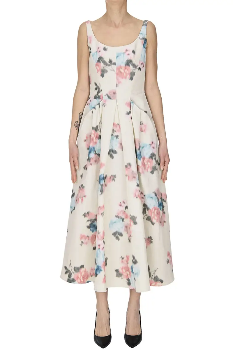 Abito mini in taffetà floreale Panna