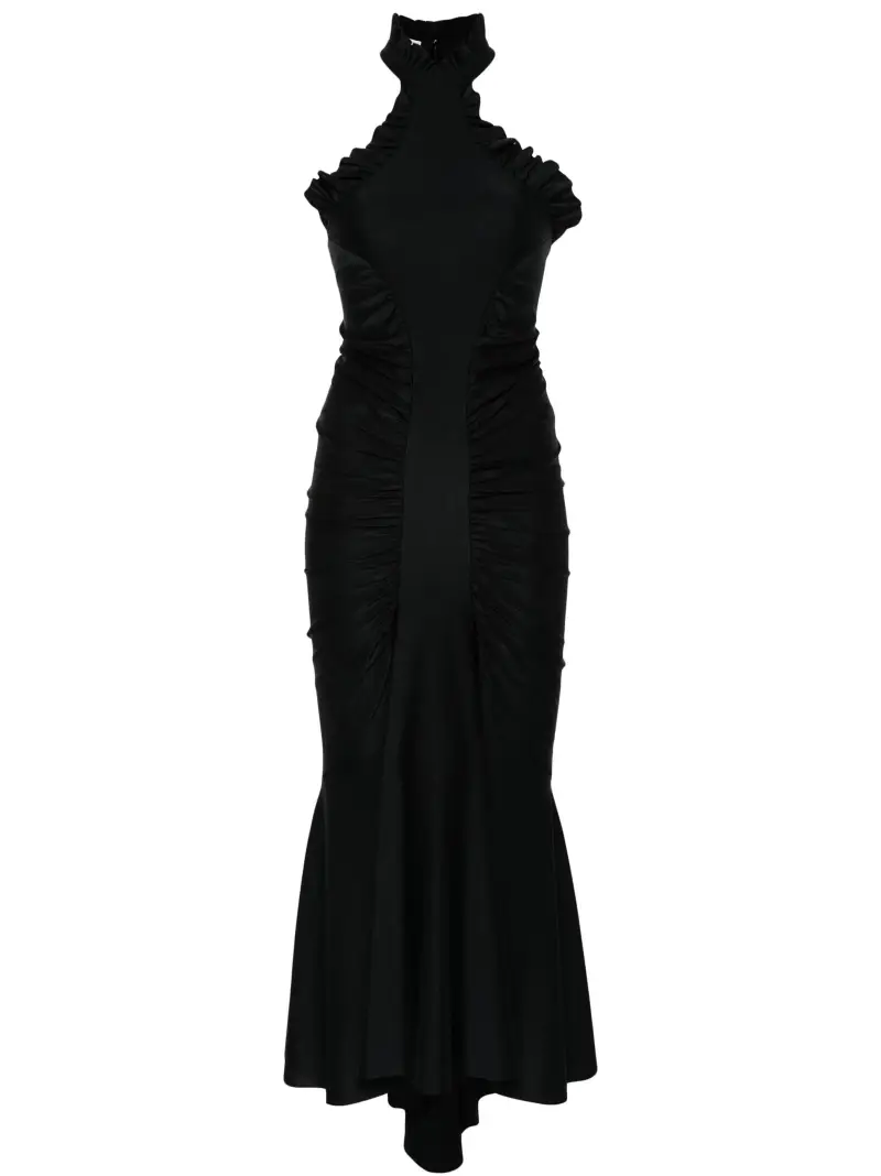 Abito midi drappeggiato con ruches Nera