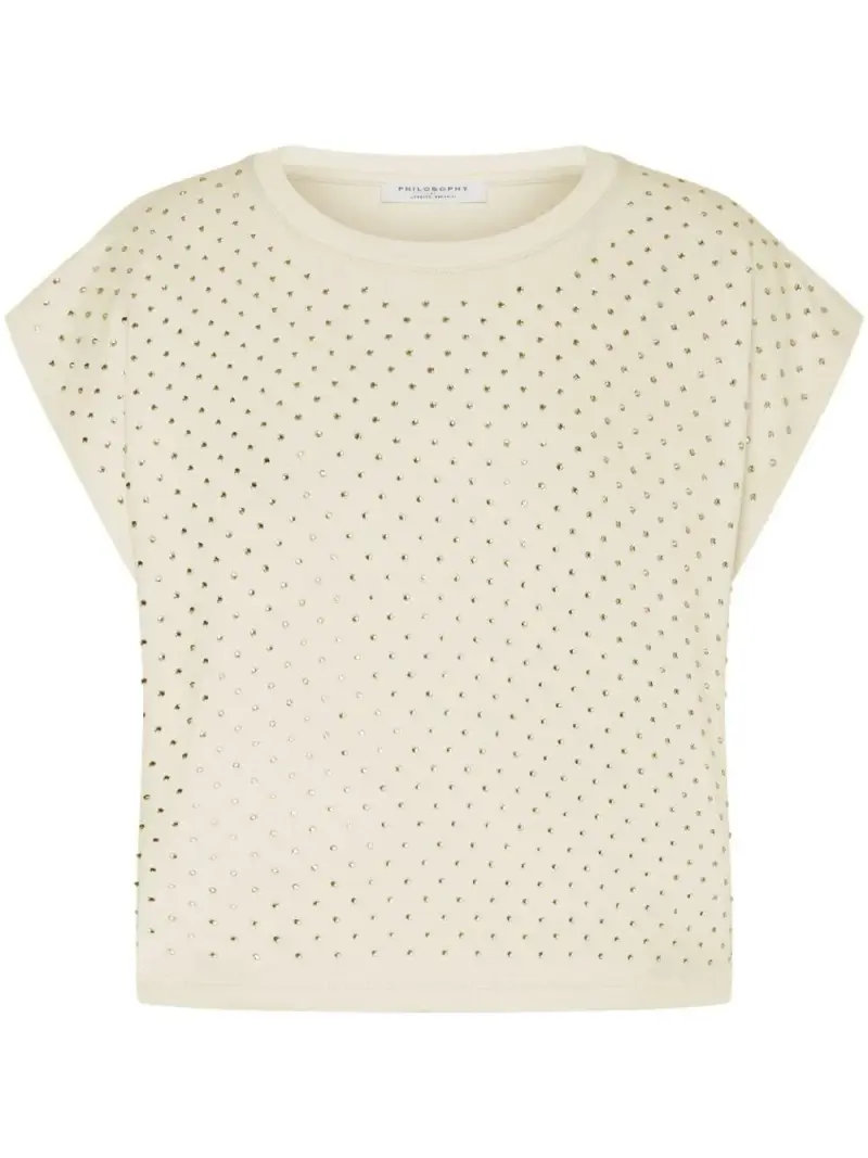 T-shirt crop avorio con strass