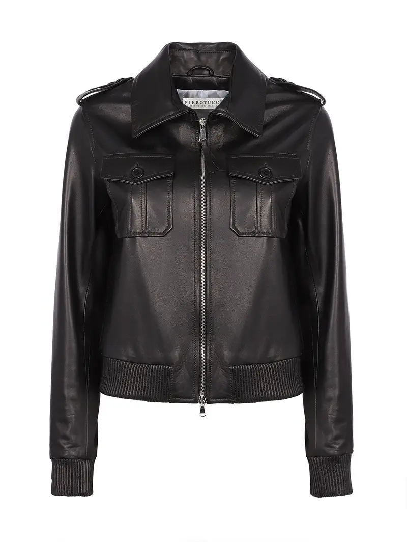 Bomber In Pelle Nera Con Elastico Nero Eu