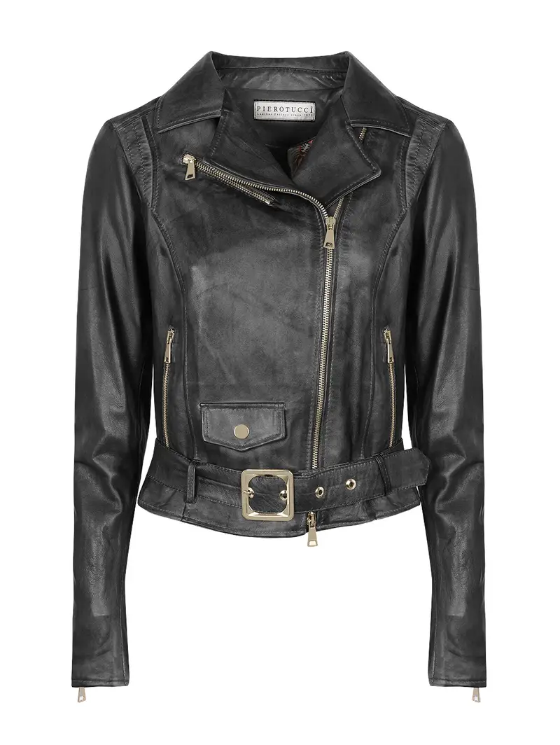 Chiodo In Pelle Con Cintura - Nero Eu