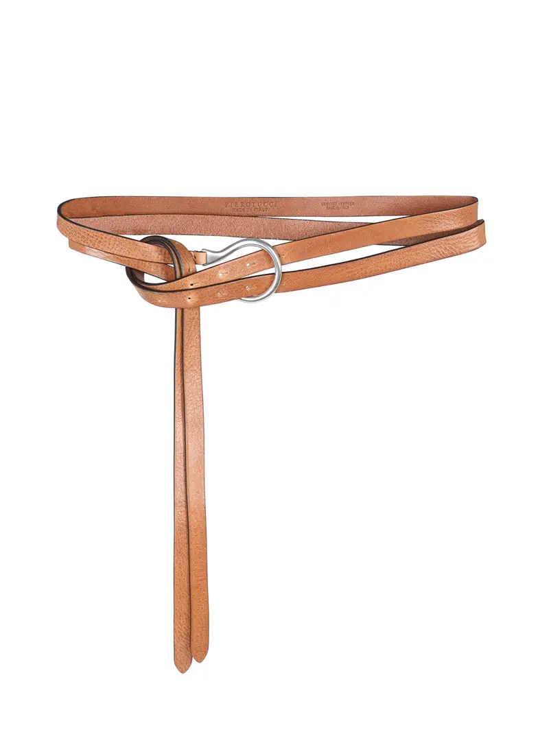 Cintura Sottile Pelle Con Doppio Cinturino Passante, Color Cognac Marrone