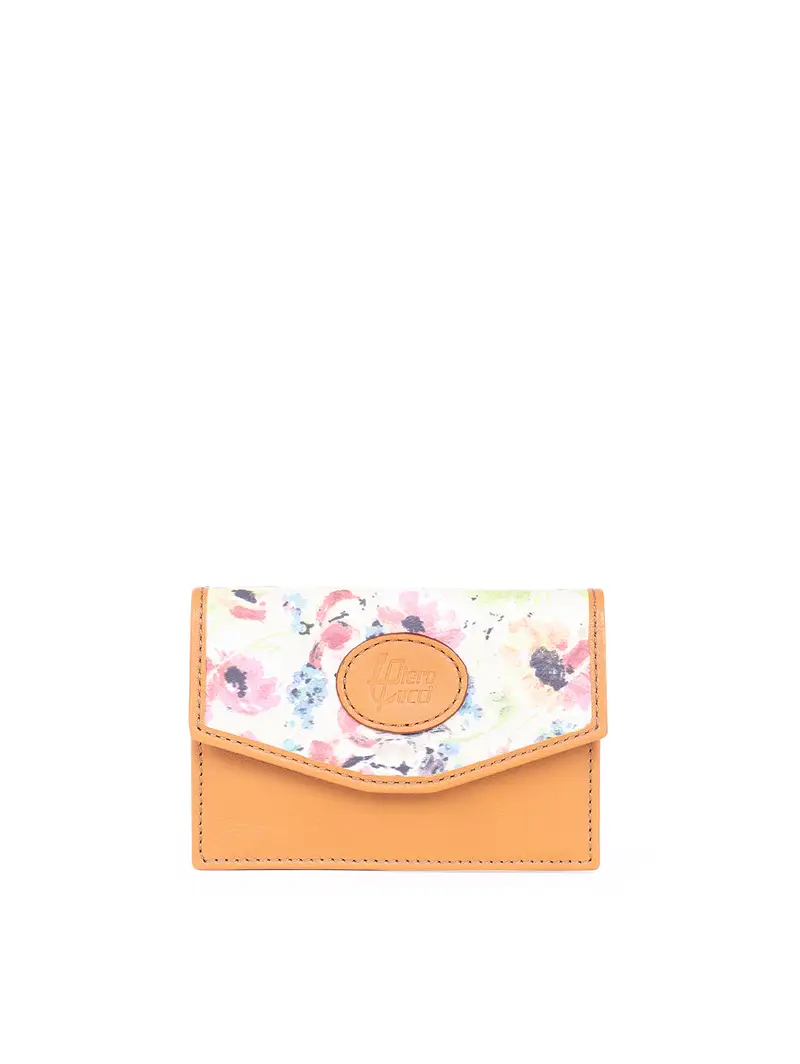 Portacarte In Pelle Floreale Con Bottone Tabacco Marrone Multicolor