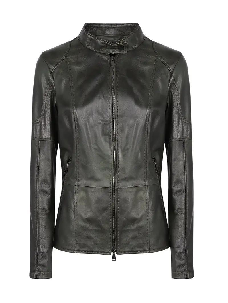 Giacca Corta In Pelle Con Colletto Alla Coreana Verde Eu