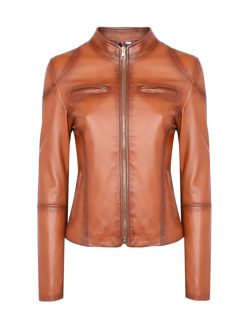 Giacca Corta Tabacco In Pelle Con Tasche Frontali Eu