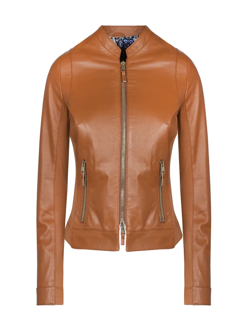 Giacca Sportiva Corta In Pelle Cognac Marrone Eu