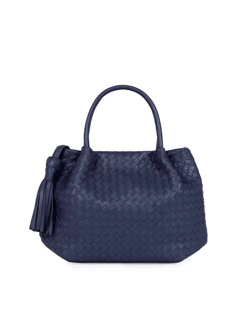 Borsa Mano Intrecciata Pelle Blu Carta Zucchero