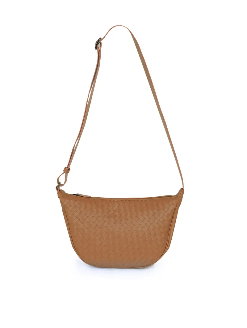 Borsa Mezzaluna Pelle Intrecciata Cuoio Marrone