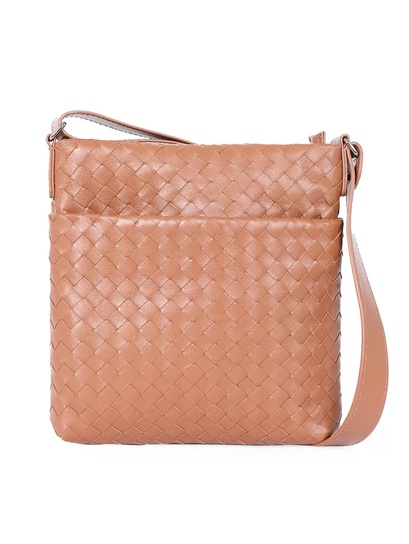 Borsa Tracolla Grande Pelle Intrecciata Da Uomo Cuoio Marrone