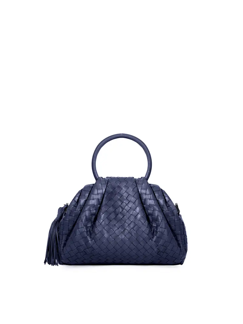 Borsetta Intrecciata Con Manico Tondo Pelle Blu