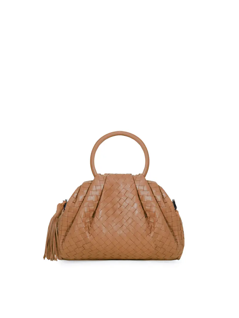Borsetta Intrecciata Con Manico Tondo Pelle Cuoio Marrone