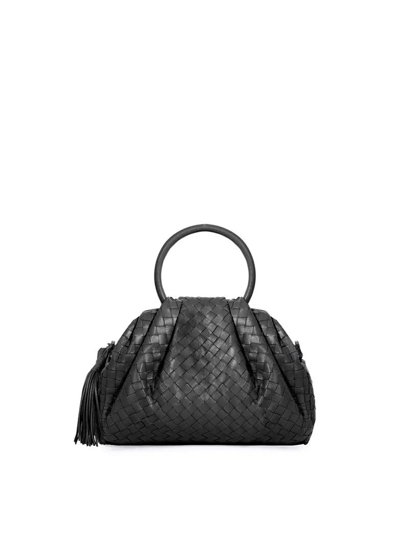 Borsetta Intrecciata Con Manico Tondo Pelle Nero