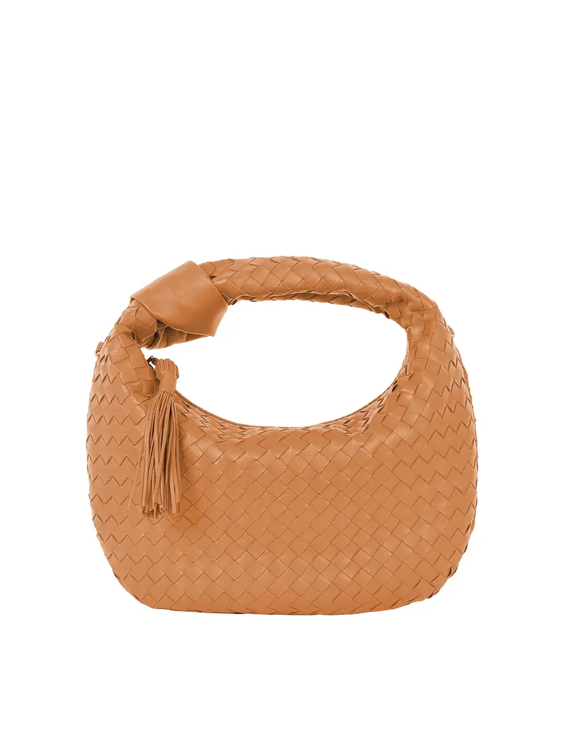 Borsetta Mano Tonda Pelle Intrecciata Cuoio Marrone