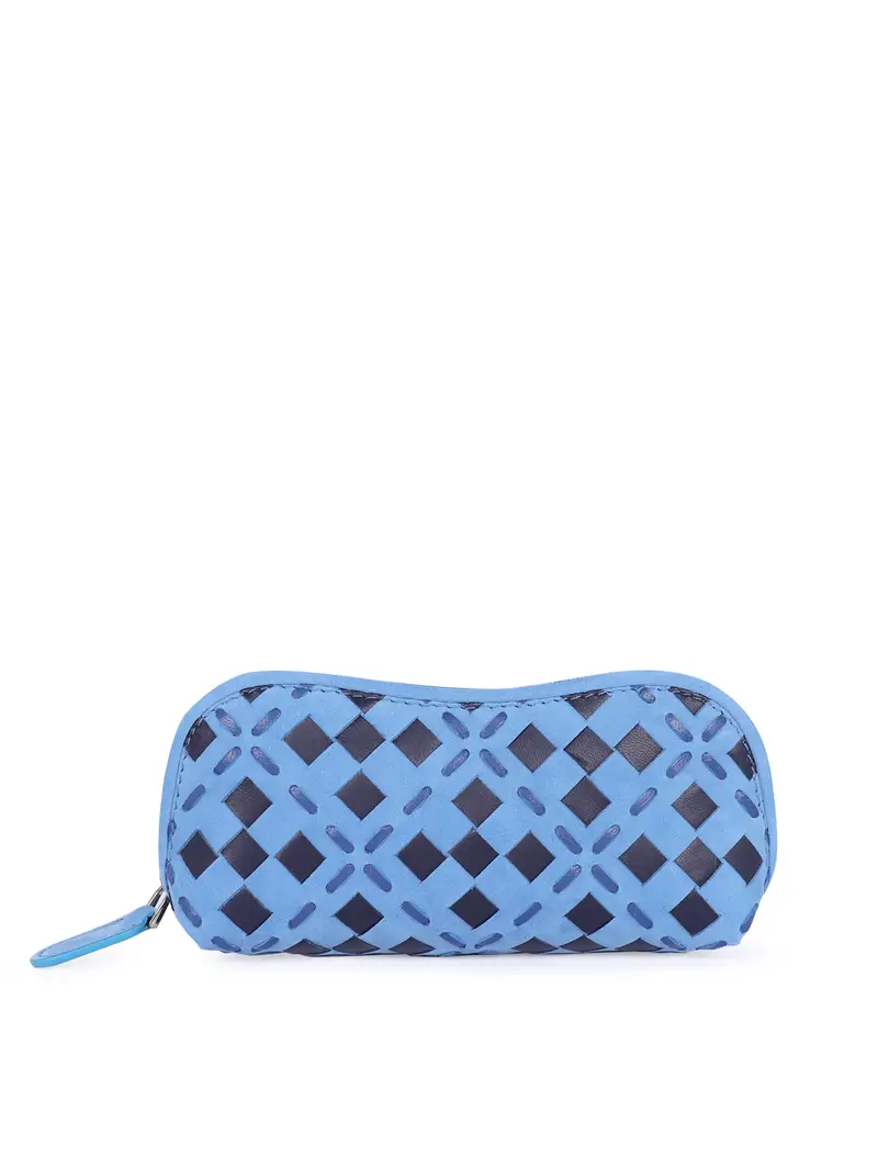 Porta Occhiali Pelle Intrecciata Con Cerniera Avio Azzurro