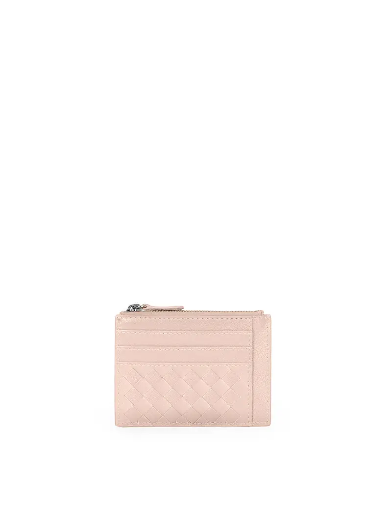 Portafoglio Compatto Di Pelle Intrecciata Rosa