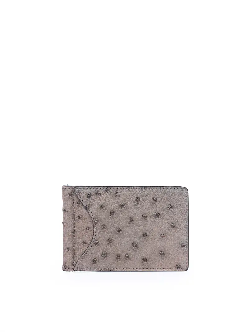 Portafoglio In Pelle Di Struzzo Con Ferma Banconote Grigio