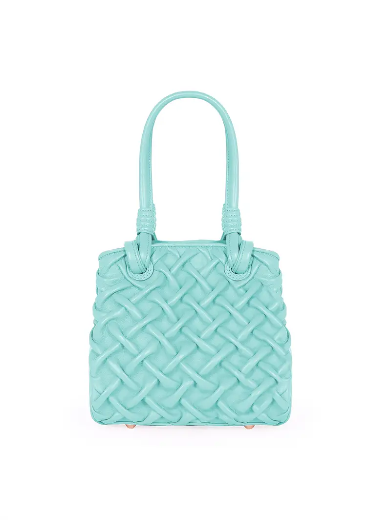 Borsetta Spalla Con Tracolla In Pelle Smock Intrecciata Verde Acqua Azzurro