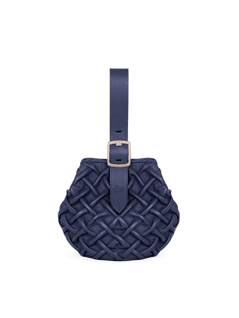 Mini Borsa Mano Pelle Smock Intrecciata Blu