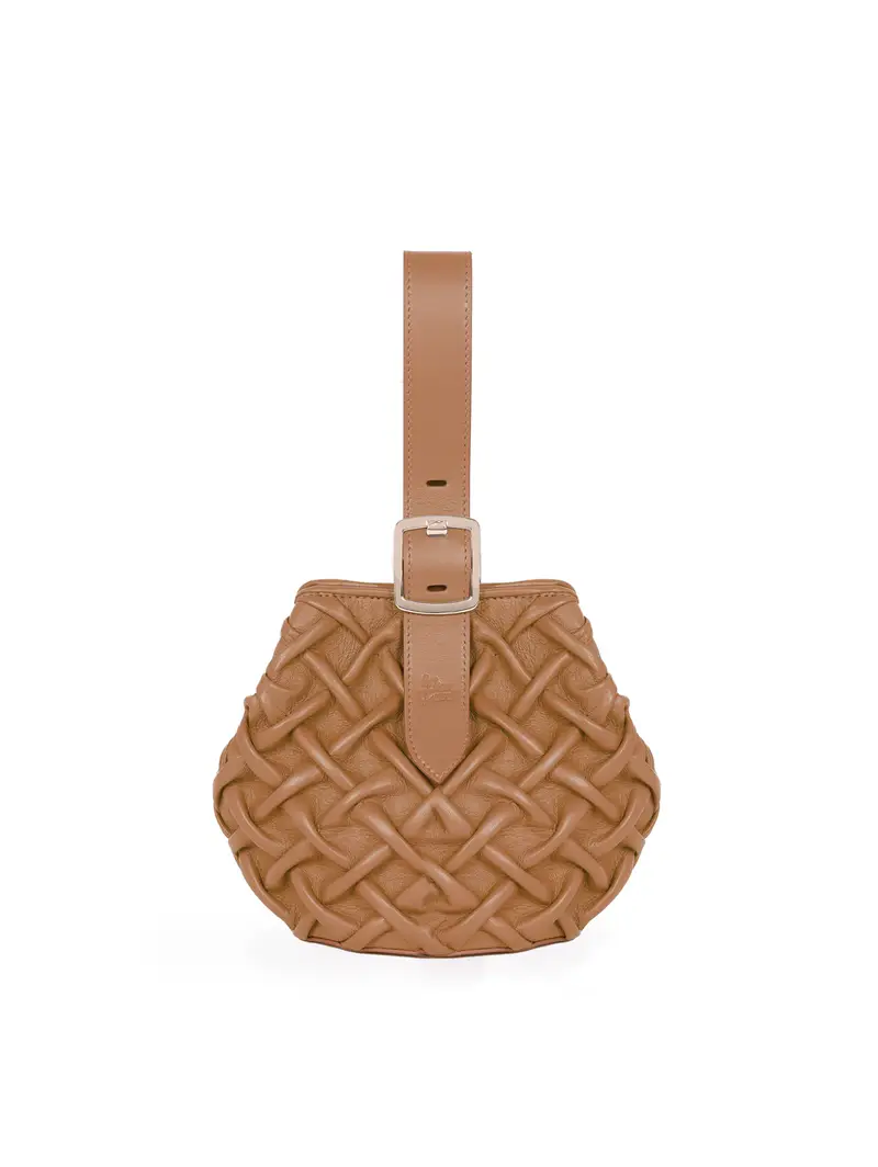 Mini Borsa Mano Pelle Smock Intrecciata Cuoio Marrone