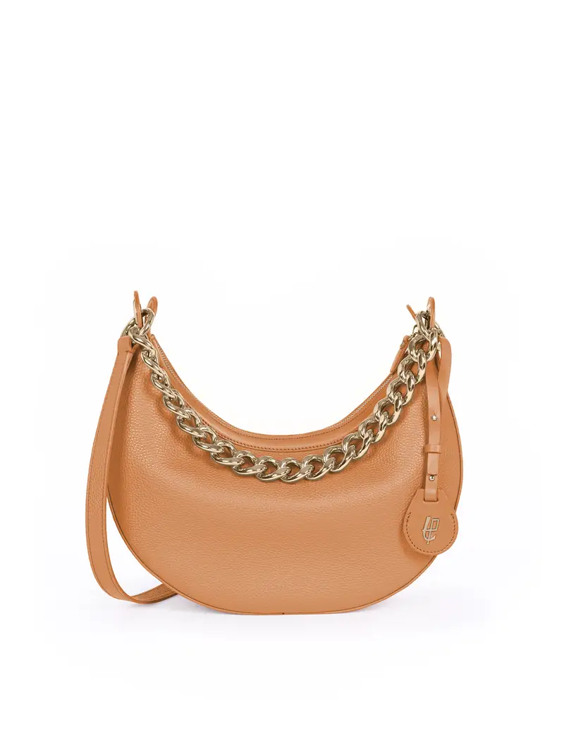 Hobo In Pelle Tabacco Con Catena Oro - Clara Marrone