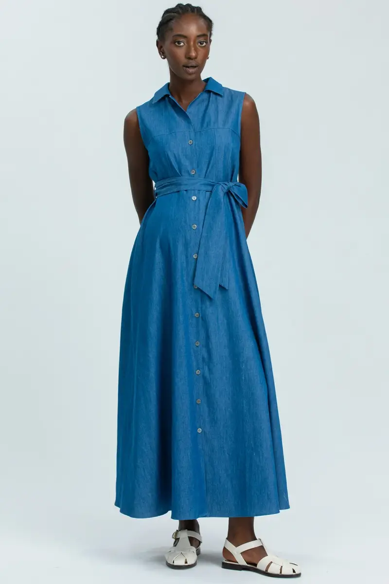 ALBA | Maxi Abito Premaman Smanicato in Cotone Tecnico Blu Denim