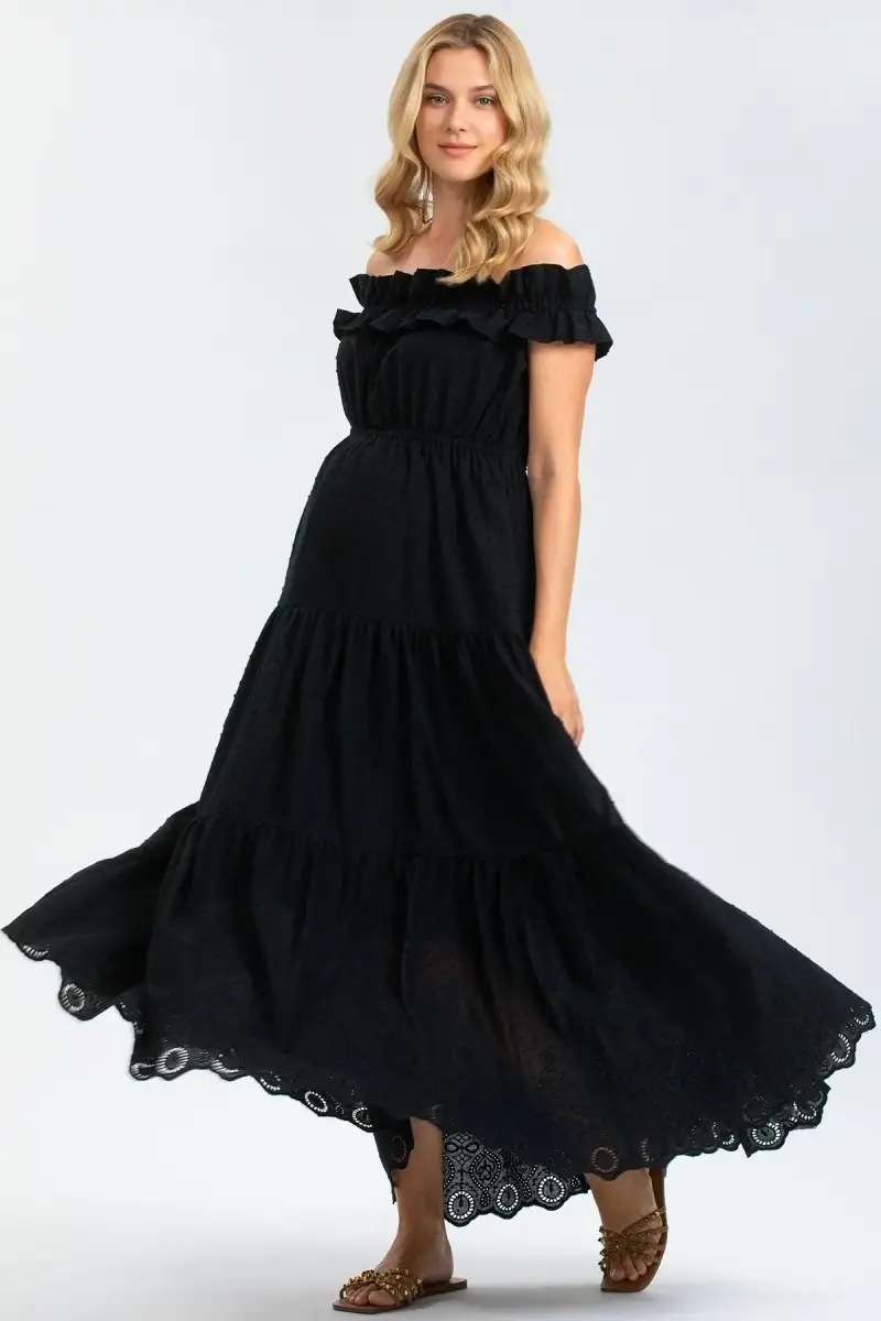 CHARLOTTE | Abito Premaman Lungo in Sangallo Nero