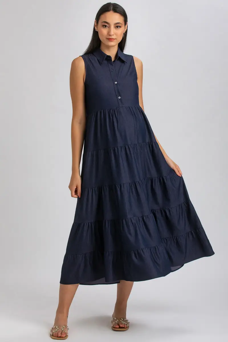 CLARA | Maxi Premaman Abito Smanicato Colore Blu Denim